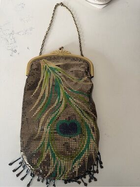 Whiting & Davis Peacock Feather Mesh Evening Bag in Green and Gold